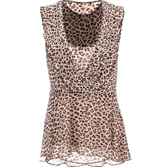 CAbi Top Flutter Blouse Ruffle Sleeveless Cheetah Animal Print Black Cream S - Picture 2 of 16